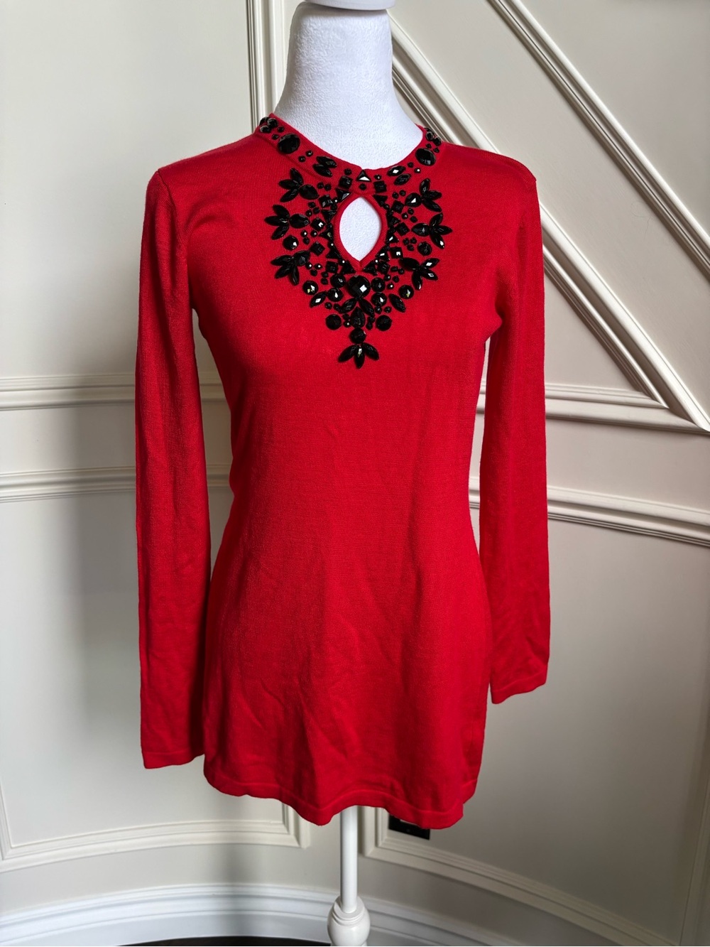 Women's Red Long-Sleeve Embellished Keyhole Top